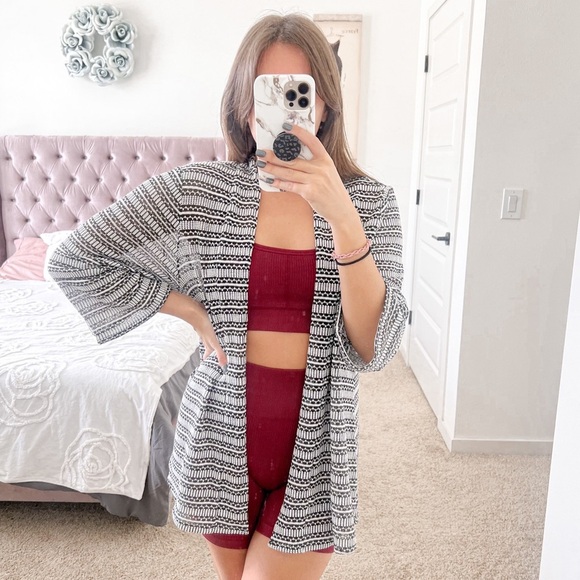 New Directions Black and White Striped Open Front Long Sleeve Cardigan - Picture 2 of 3